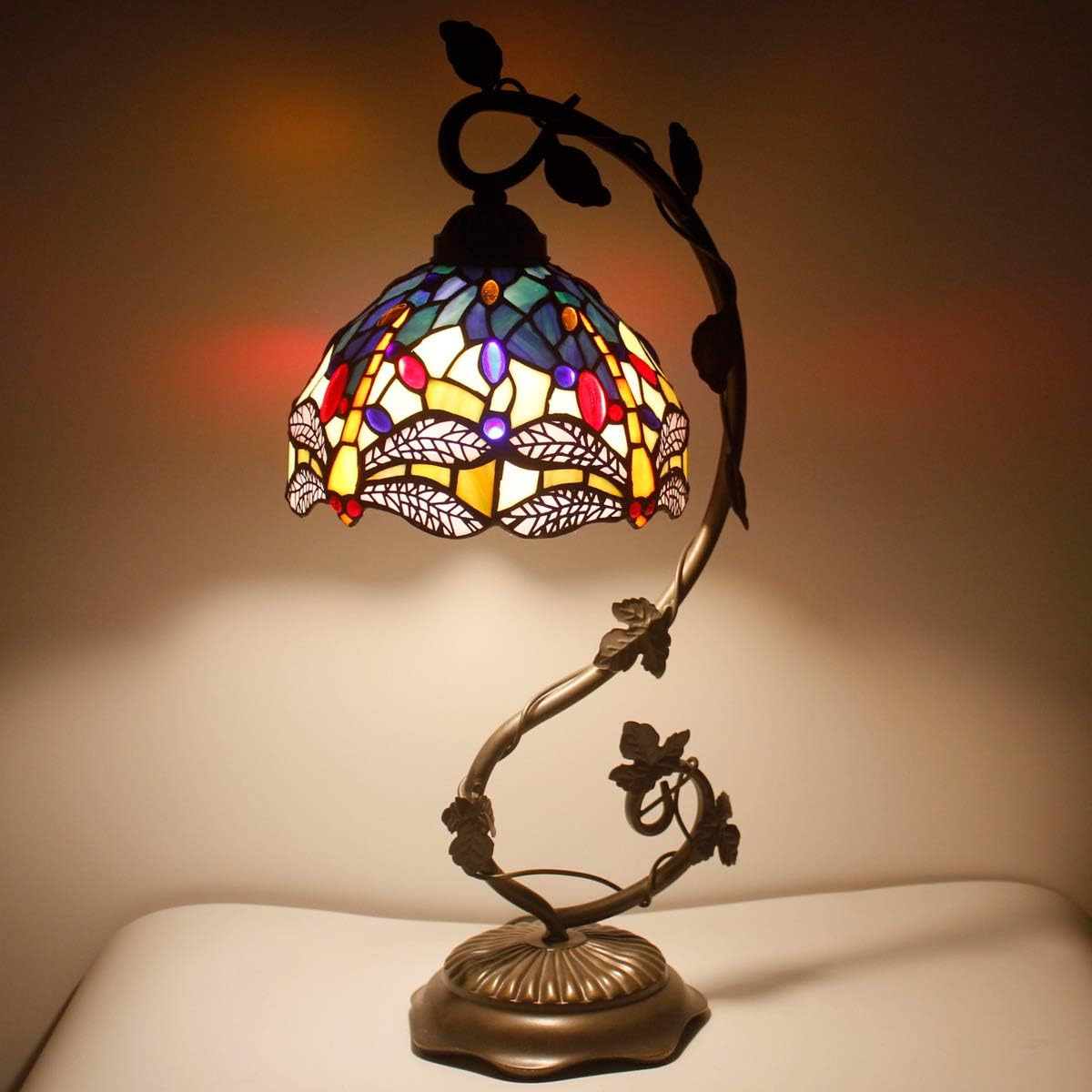 GEDUBIUBOO Tiffany Lamp Stained Glass Table Lamp Blue Yellow Dragonfly Style Desk Light Metal Leaf Base 8X10X21 Inches Decor Small Space Bedroom  Office S128 Series