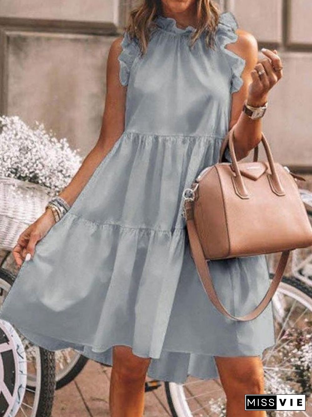 Women'S Dresses Loose Solid Ruffle Sleeveless Dress