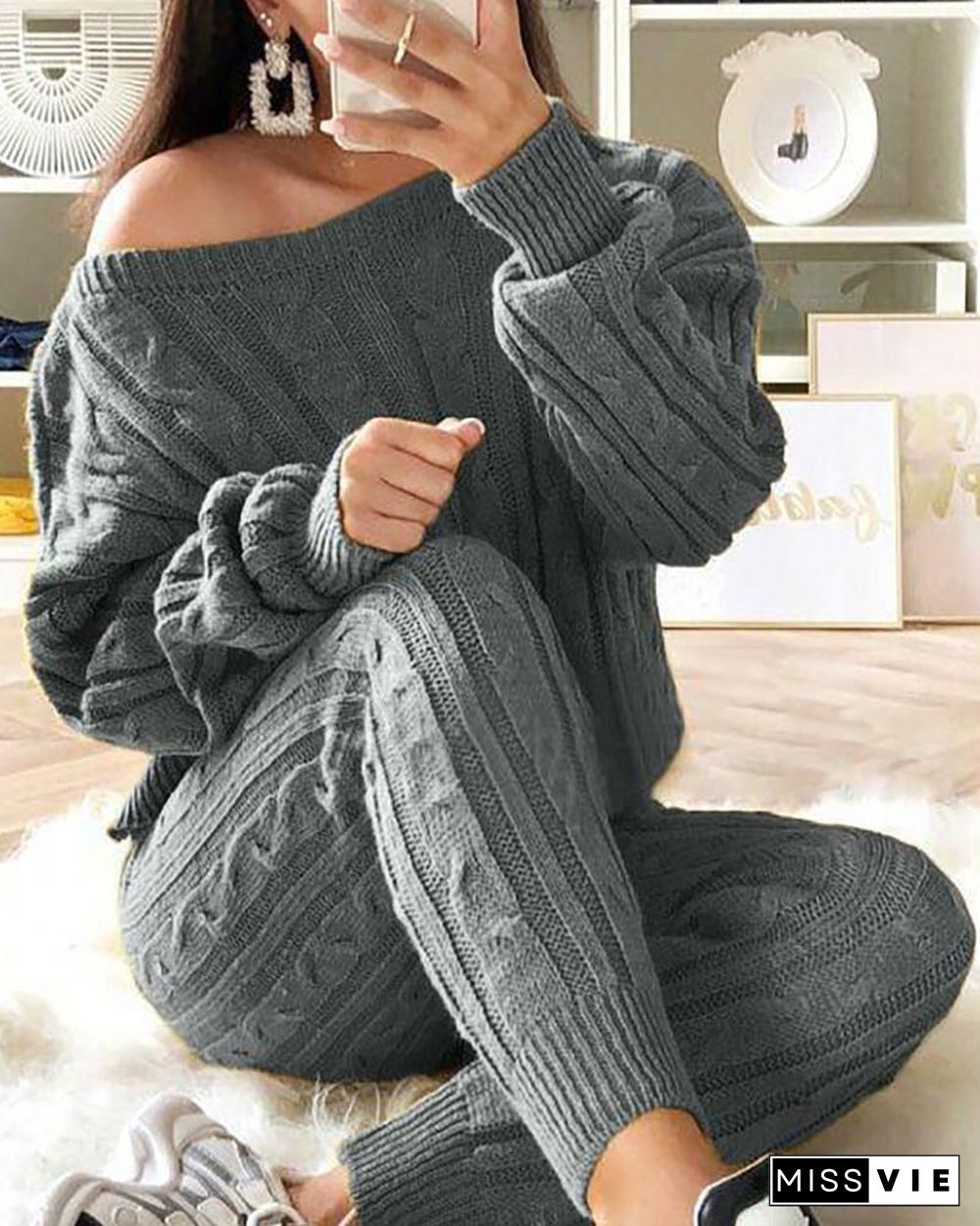 Solid Ribbed Knitting Casual Sweater & Pants Sets