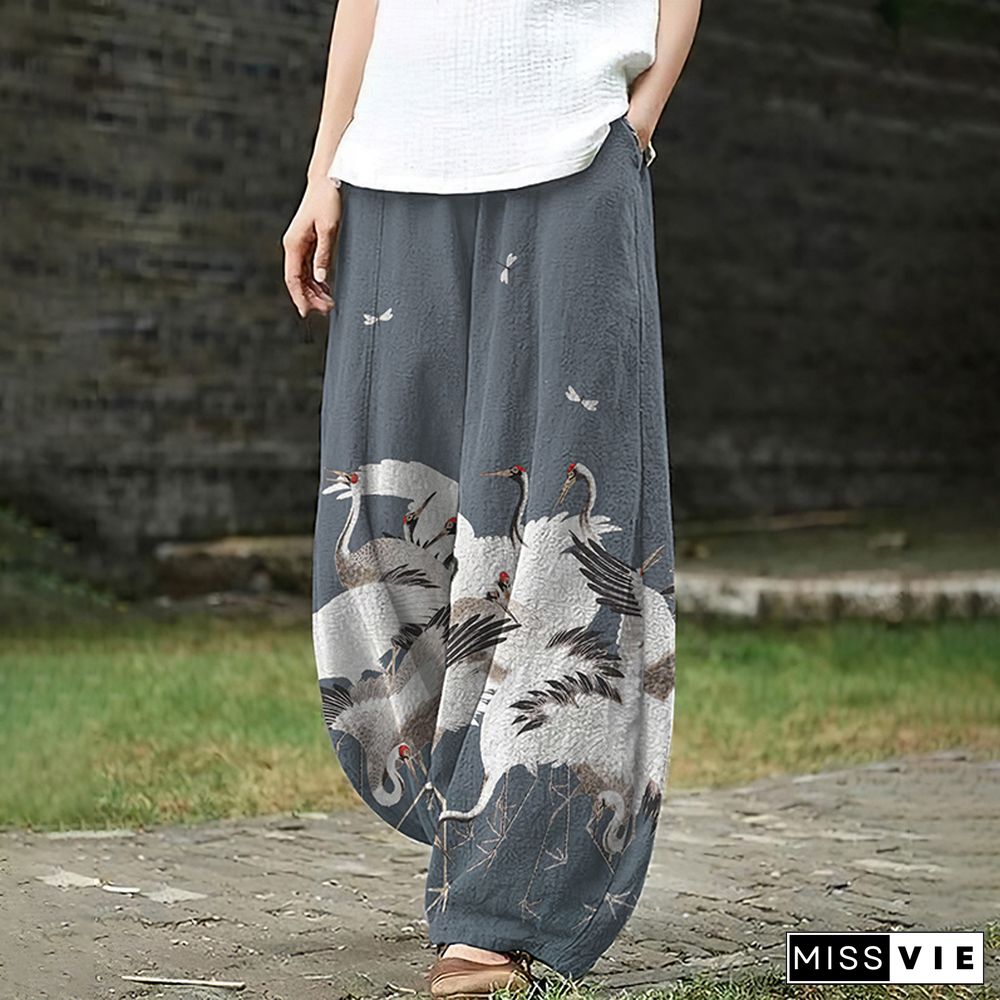 Japanese Art Crane Print Casual Pants