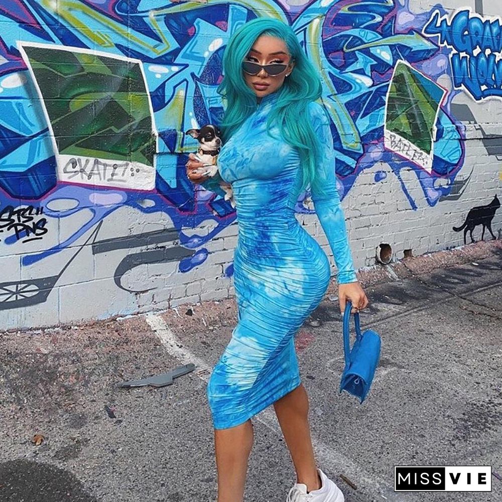 Spring Long Sleeve Tie Dye Ruched Bodycon Sexy Midi Dress Women Streetwear Outfits Party Bright Clothing