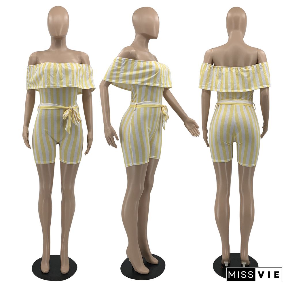 Summer Elegant Women Striped Short Sleeve Ruffles Off Shoulder Mid Waist Bandage Bodycon Romper