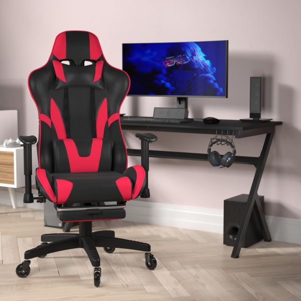 X30 Gaming Chair Racing Computer Chair with Reclining Back， Slide-Out Footrest， and Transparent Roller Wheels in Red LeatherSoft