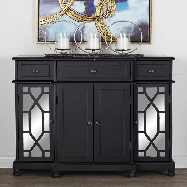 Wood Glam Cabinet with Geometric Mirror， Black， 43