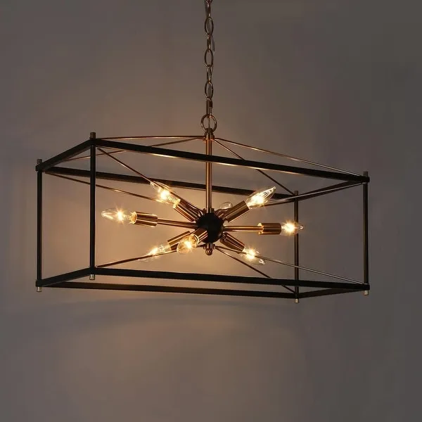Leno Modern Farmhouse 8-Light Black Gold Rectangle Chandelier Starburst Island Lights for Dining Room