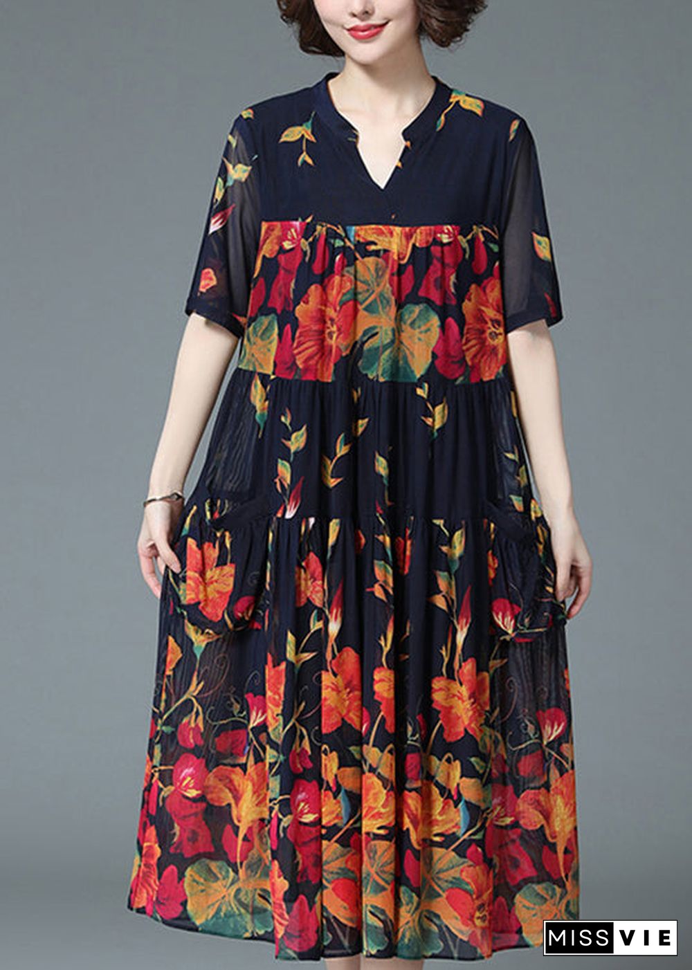 Loose Blue V Neck Wrinkled Floral Print Pockets Chiffon Long Dress Short Sleeve