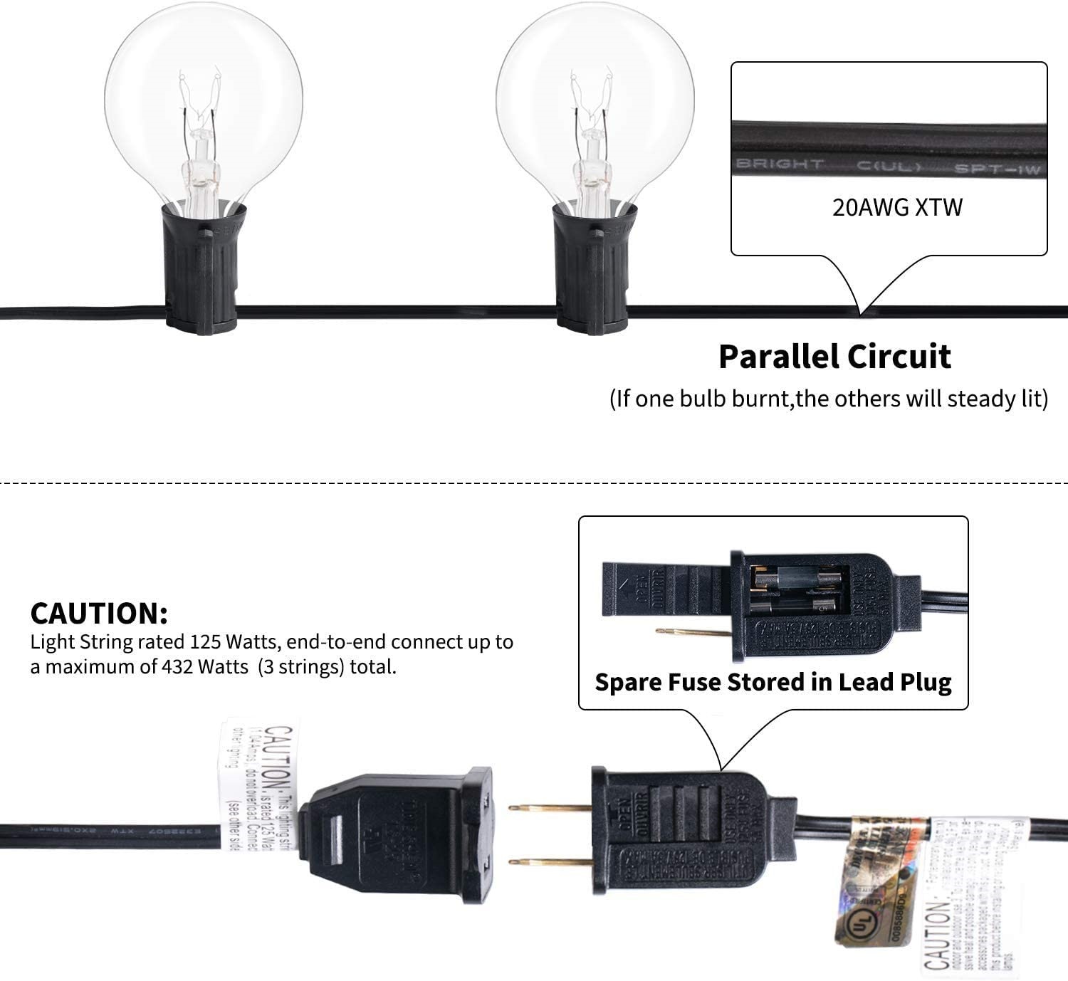 Brightown Outdoor String Lights Edison Glass Bulbs for Backyard Porch， Black， 25ft