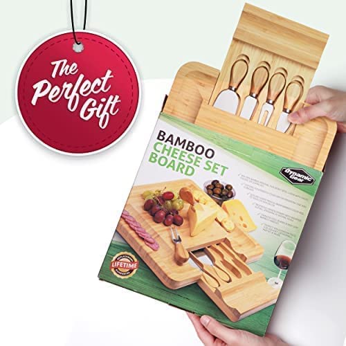 Bamboo Cheese Board Set With Cutlery In Slide-Out Drawer Including 4 Stainless Steel Knife and Serving Utensils