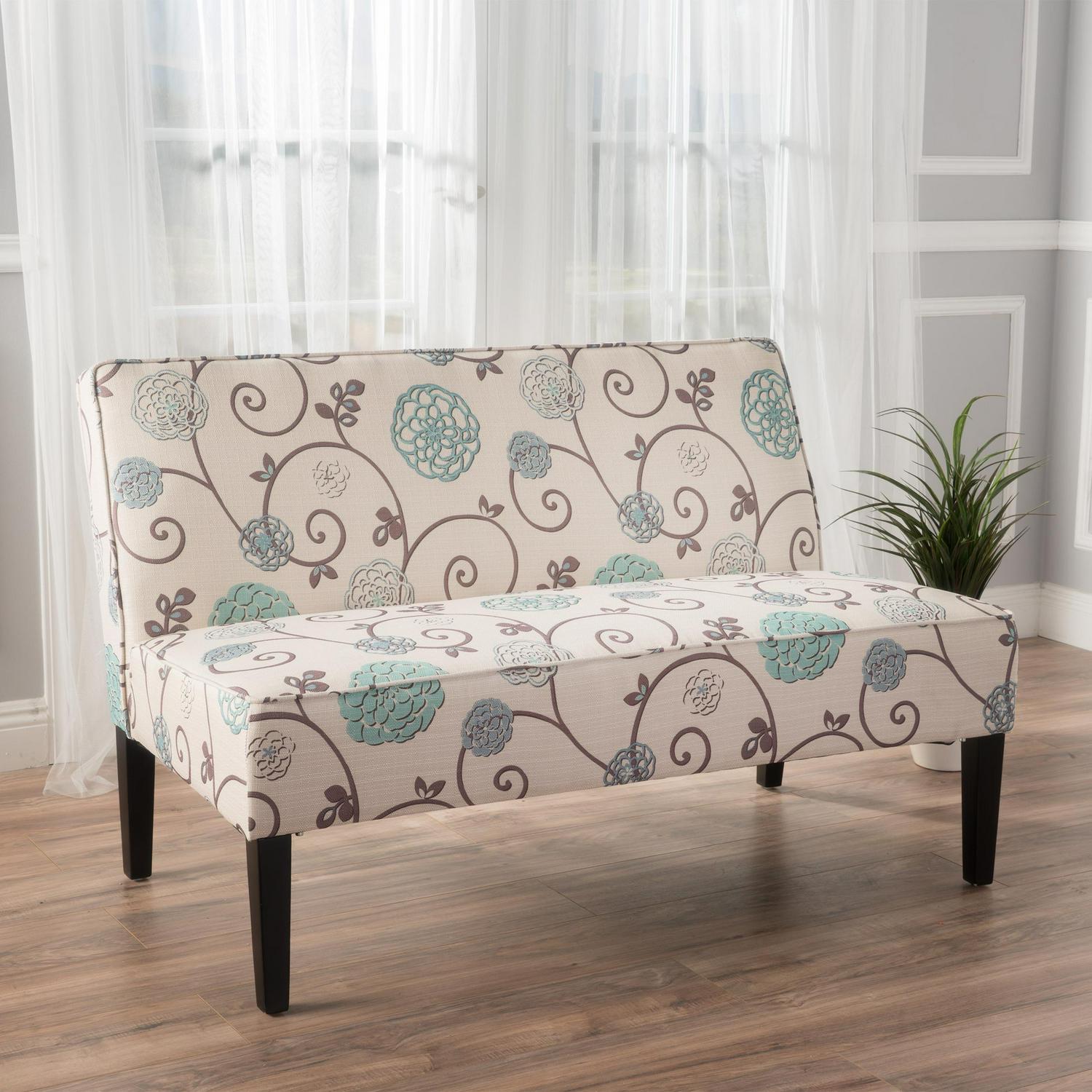 Noble House Darnell White and Blue Floral Fabric Armless Love Seat  Crowdfused