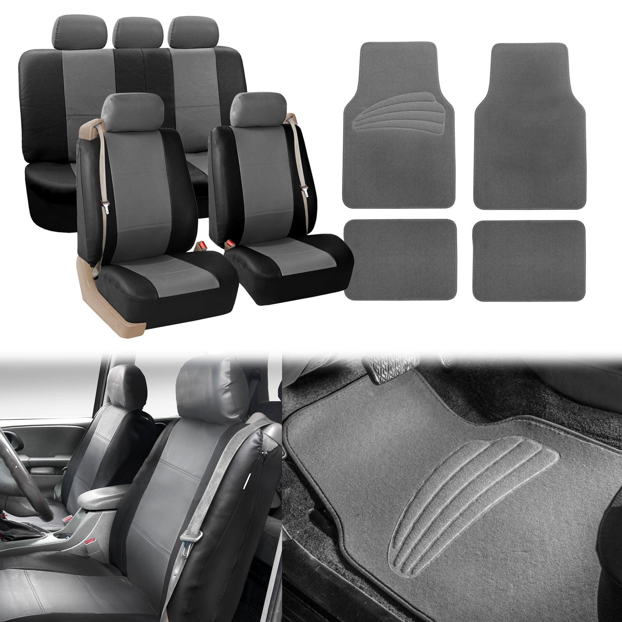 FH Group PU Leather Integrated Seatbelt Seat Covers， Full Set with Gray Carpet Floor Mats， Black Gray