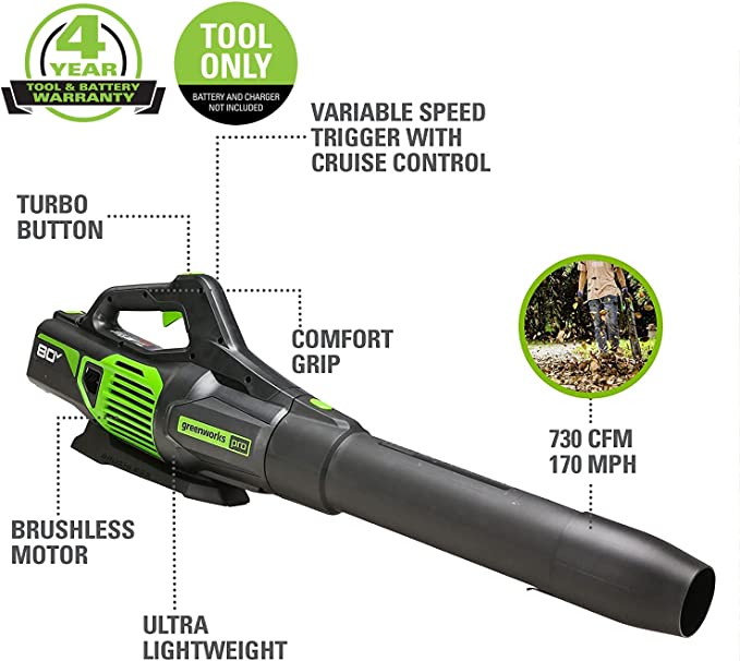 80V 730 CFM Cordless Battery Leaf Blower (Tool Only)