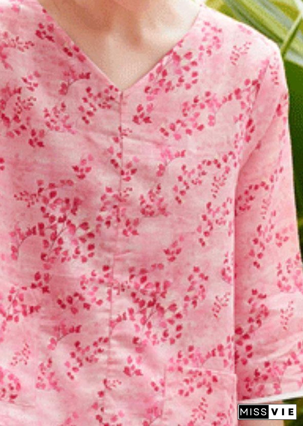 Unique v neck asymmetric linen tops women Shirts pink print blouses summer