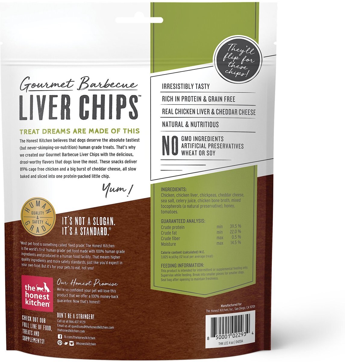 The Honest Kitchen Gourmet Barbecue Liver Chips Chicken Liver and Cheddar Recipe Dog Treats， 4-oz bag