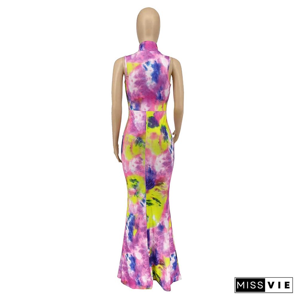 Summer Hot Style Women Tie Dye Print Sleeveless Turtleneck High Waist Skinny Long Dress