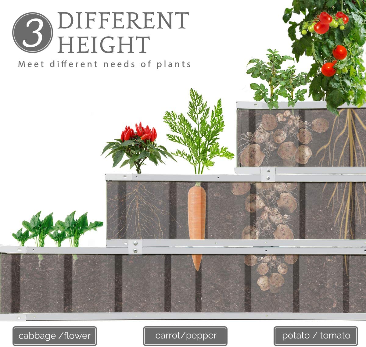 3 Tiers Raised Garden Bed Dismountable Frame Galvanized  Metal Patio Garden Elevated Planter Box 46\u2019\u2019x46\u2019\u2019x23.6\u2019\u2019 for Growing Vegetables  (Ivory)