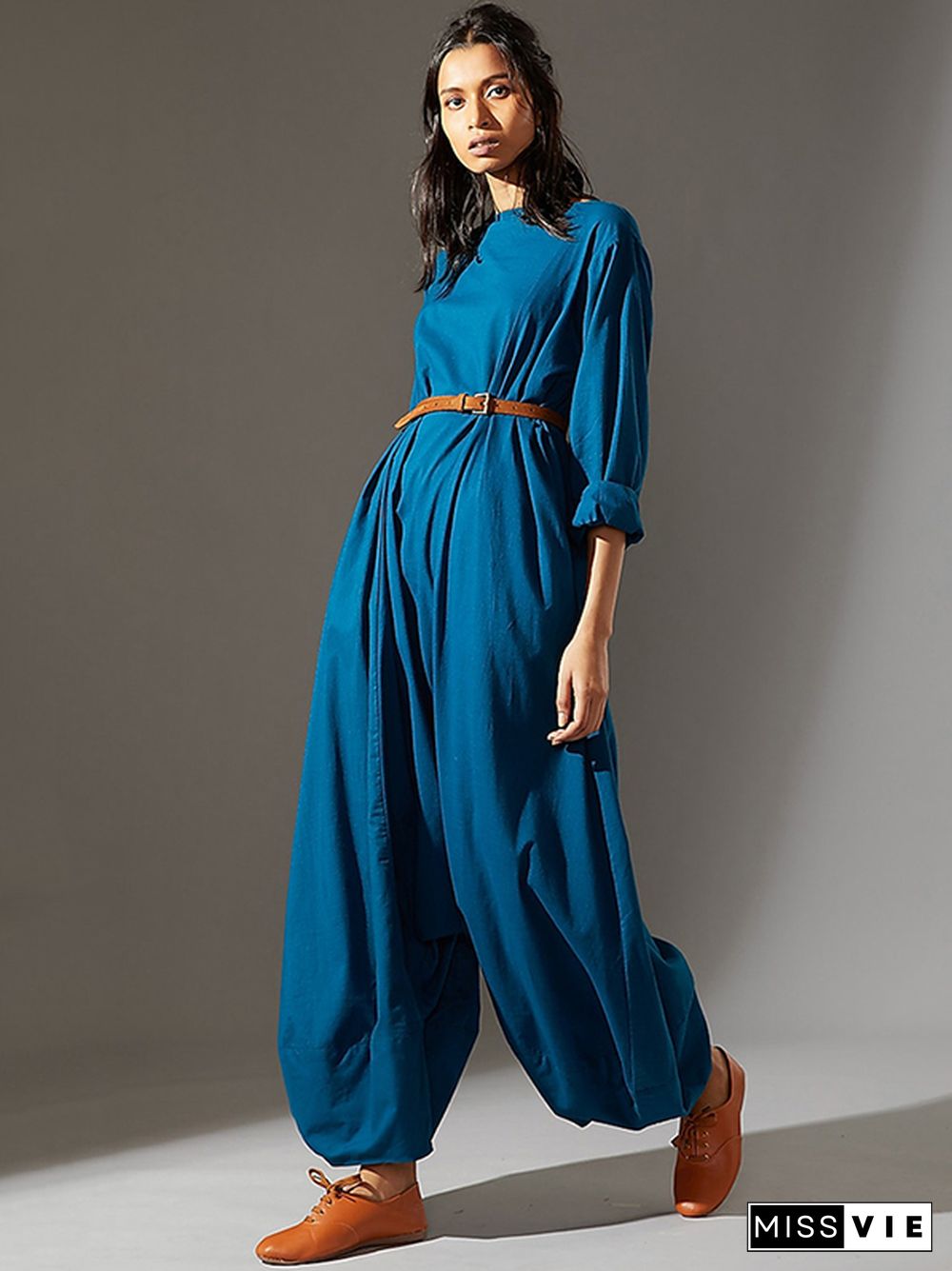 Casual Loose Long Sleeves Solid Color Boat Neck Jumpsuits