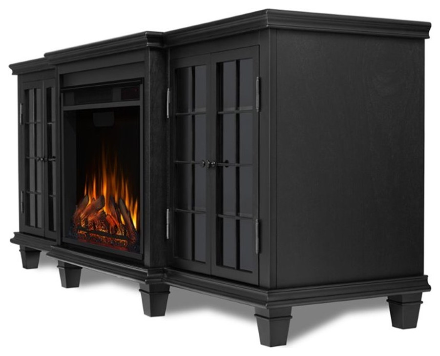 Bowery Hill Modern Solid Wood Fireplace TV Stand for TVs up to 70 quotin Black   Transitional   Entertainment Centers And Tv Stands   by Homesquare  Houzz