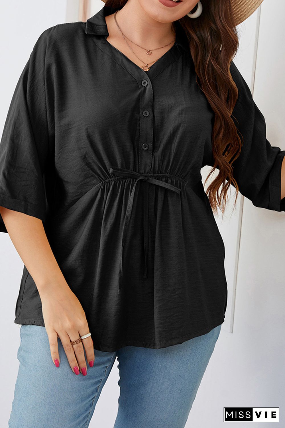 Button Down Front Tie Frill Plus Size Top Wholesale