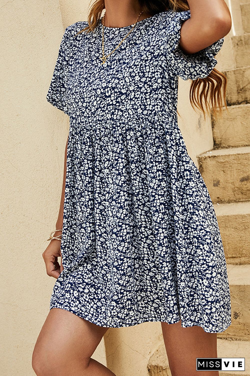 Flower Printing Short Sleeve Mini Dress