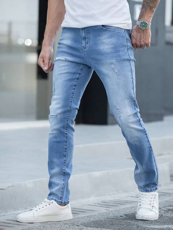 Men Cotton Bleach Wash Ripped Frayed Cat Scratch Jeans