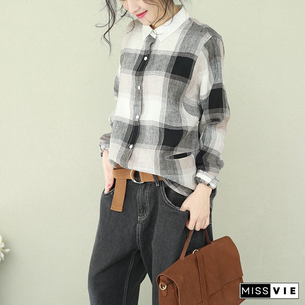 Style lapel linen for women Cotton black Plaid short blouses