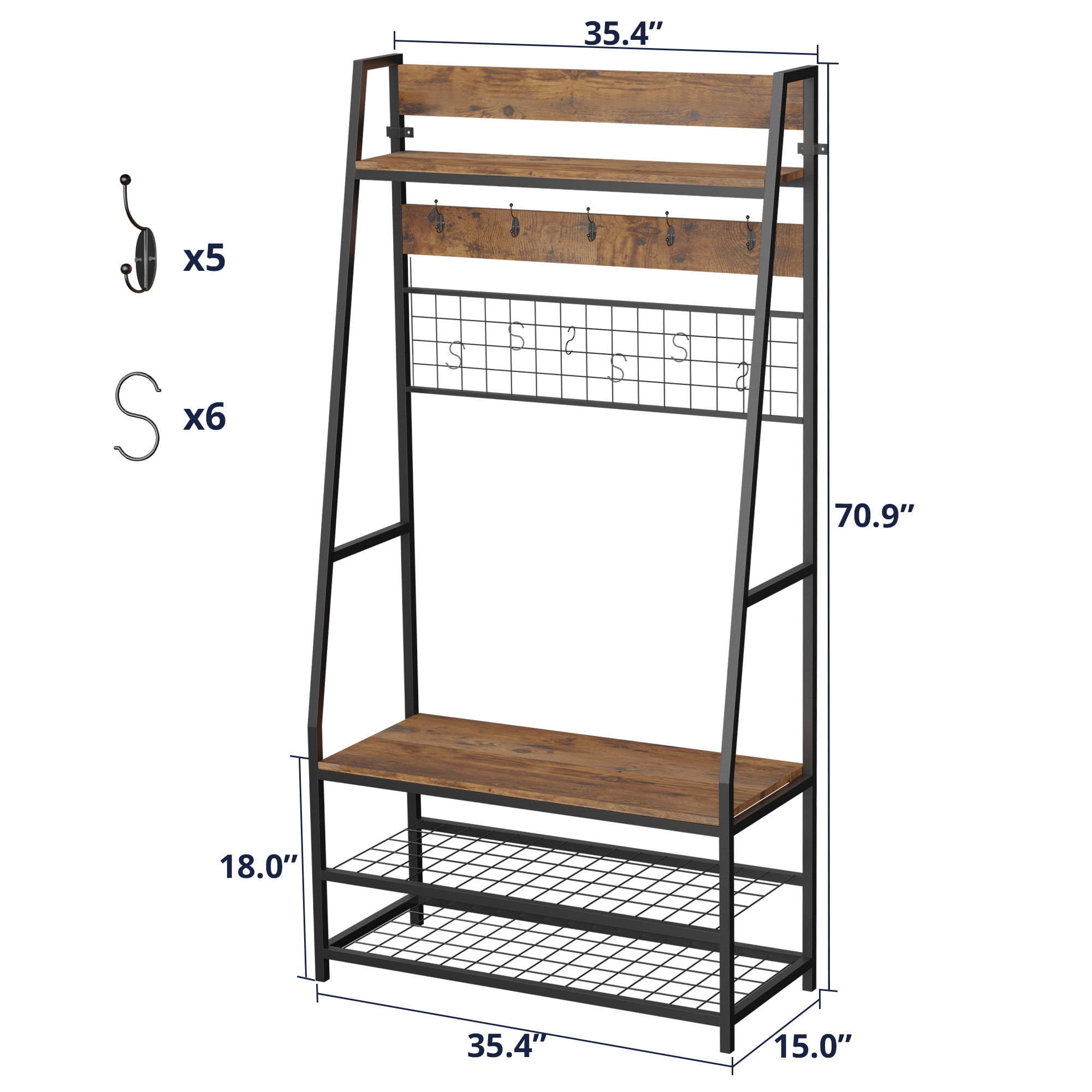 Cozy Castle Hall Tree with Shoe Bench for Entryway， 5-in-1 Design Coat Rack with Shoe Storage and DIY Hooks， Industrial Accent Clothes Rack with Metal Frame， Rustic Brown