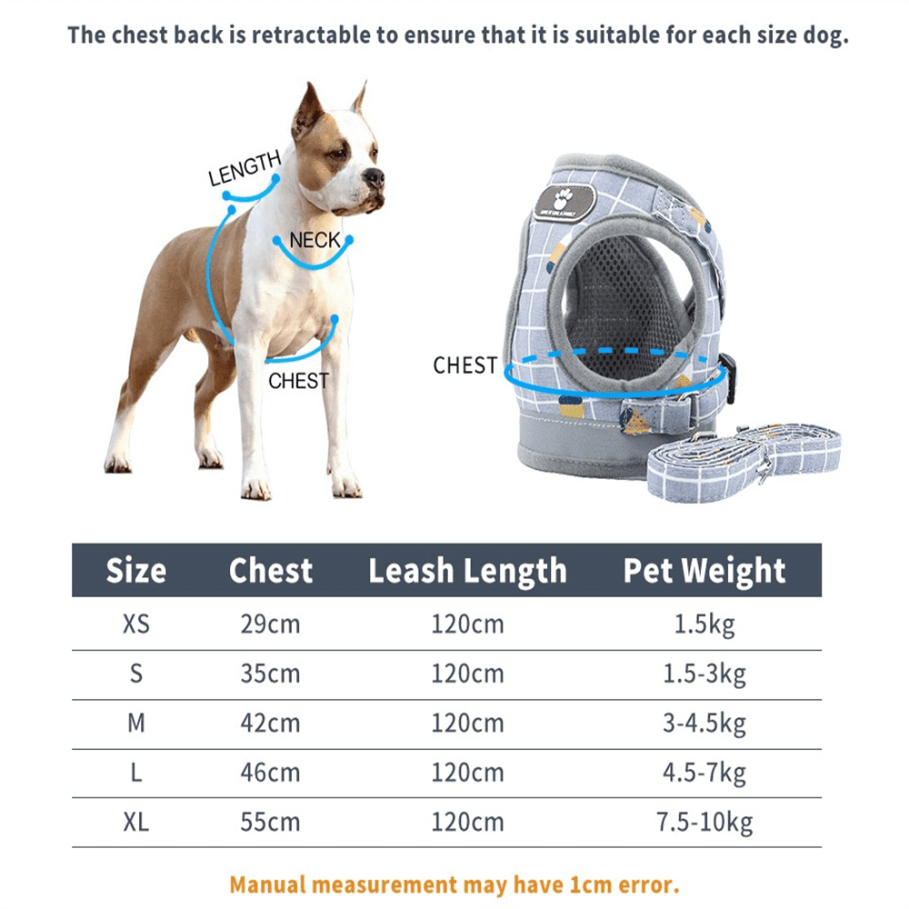 HQZY Pet Dog Cat Harness with Leash Adjustable Vest Walking Supplies Soft Breathable Plaid Collar Puppy for Small Medidum Large Dogs