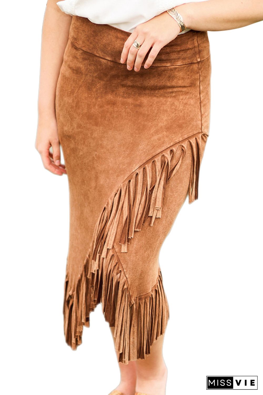 Brown Fringe Asymmetric Wrap Suede Midi Skirt