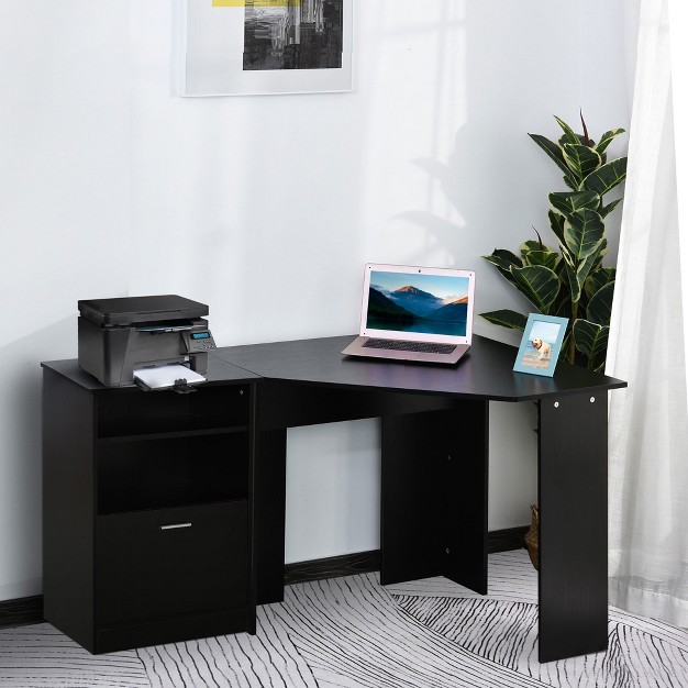 Homcom 2 Piece Corner Computer Desk Workstation With Printer Stand Storage Cabinet