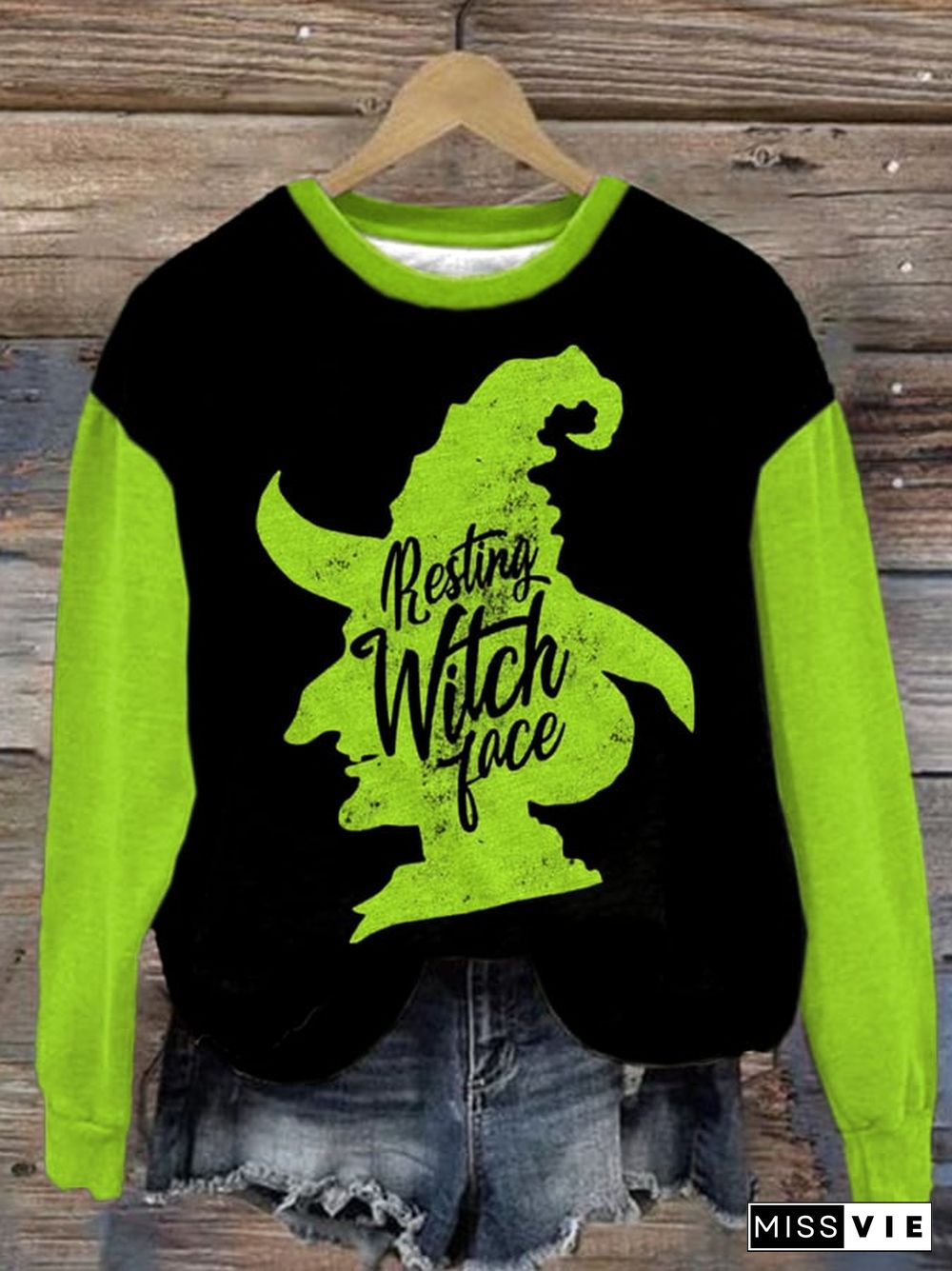 Women'S Halloween Green Witch Print Sweatshirt