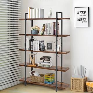 Costway 70 in. Brown Wood 5 -Shelf Standard Bookcase with Anti-tip Device HW65815CF