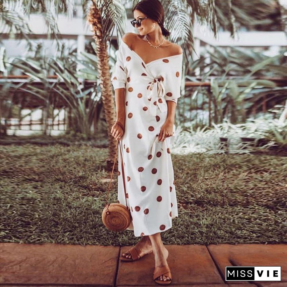 Casual Large Polka Dot V Neck Off Shoulder Maxi Dress