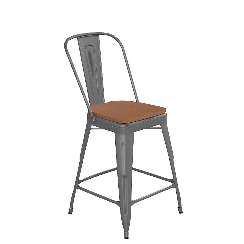 Emma and Oliver Grant Clear Coated Metal Stool with Backrest and Polyresin Seat for Indoor Use Only