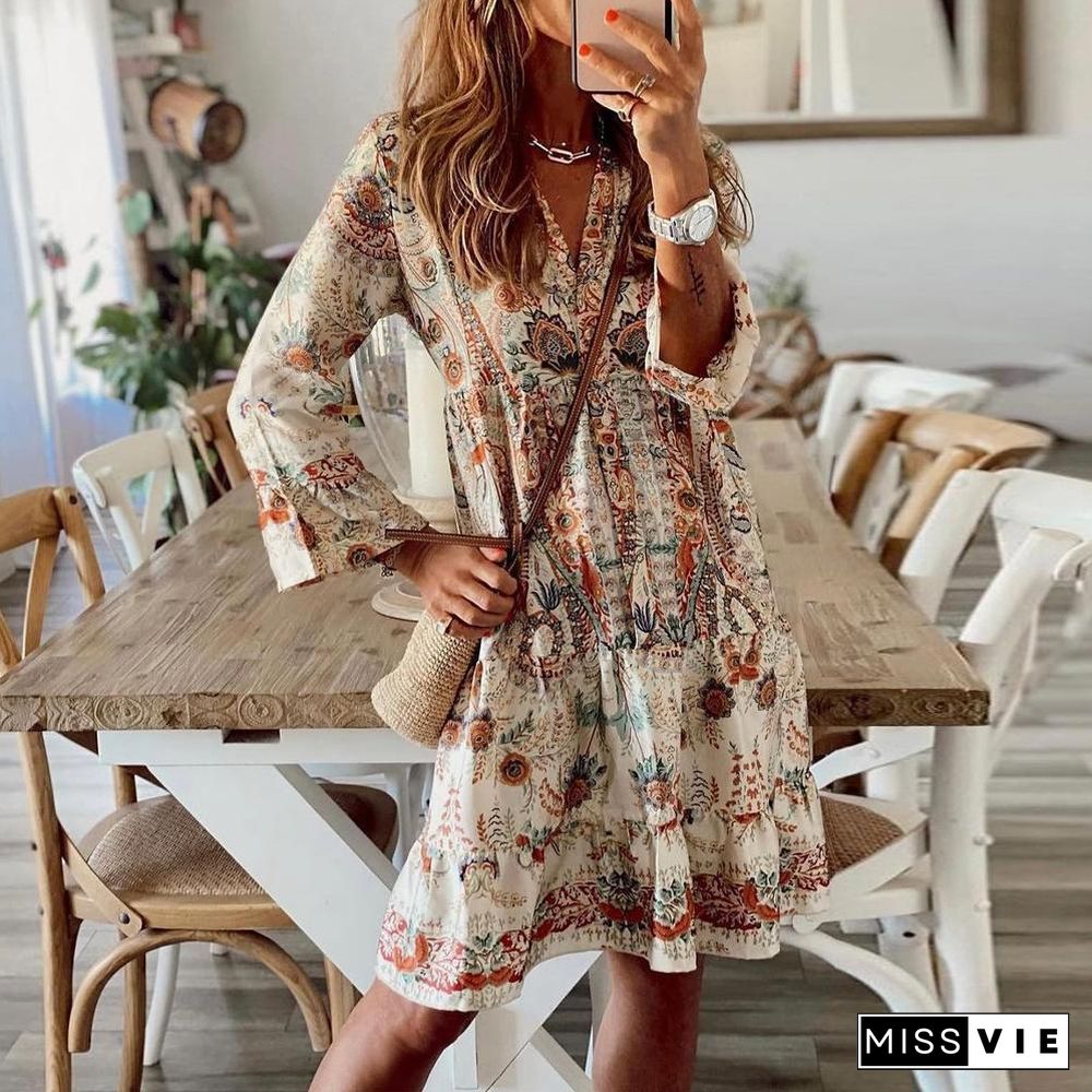 Retro Print V-Neck Long Sleeve Mini Dress