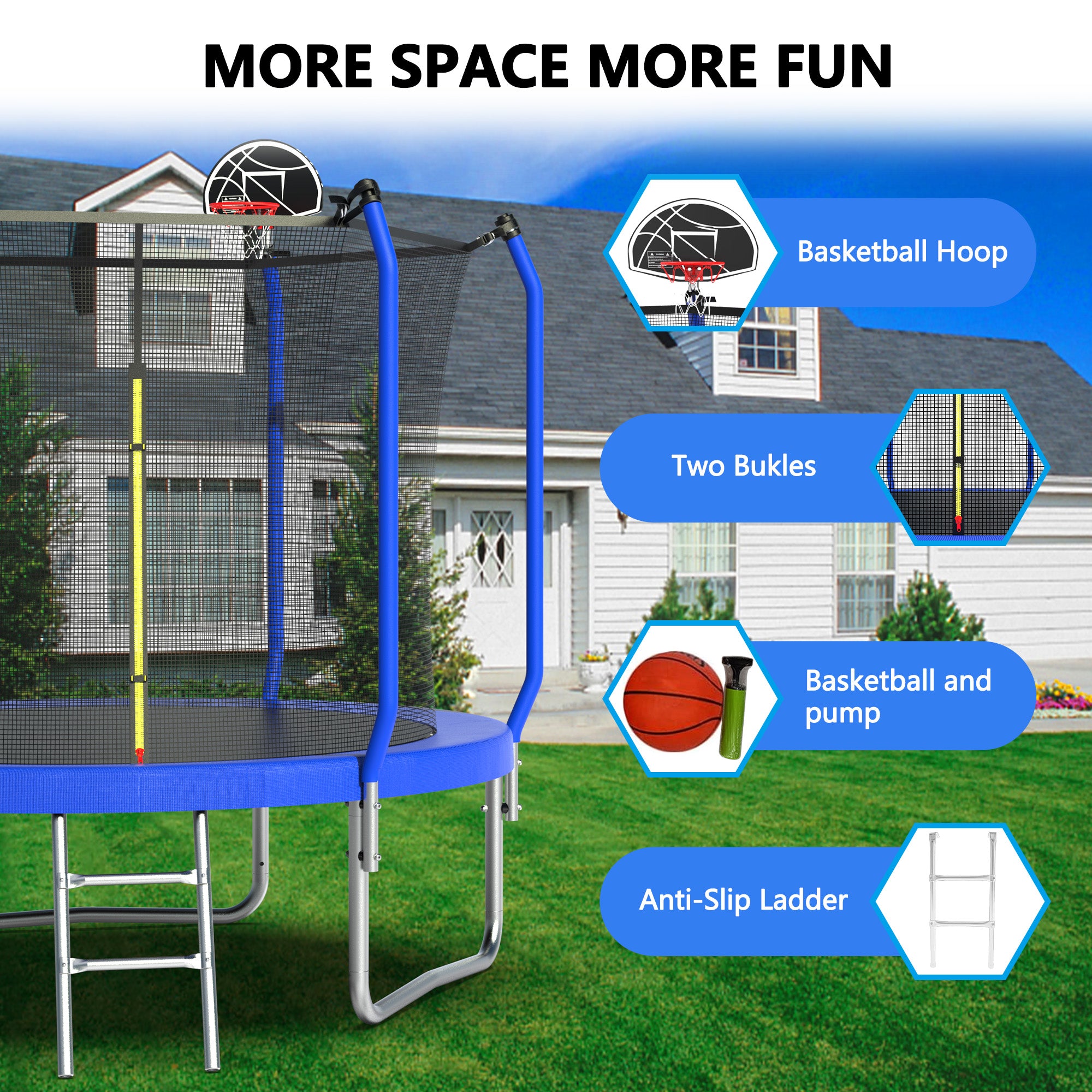 10FT Trampoline ASTM Approval Outdoor Trampoline for Kids with Basketball Hoop,  Ladder and AntiRust Coating