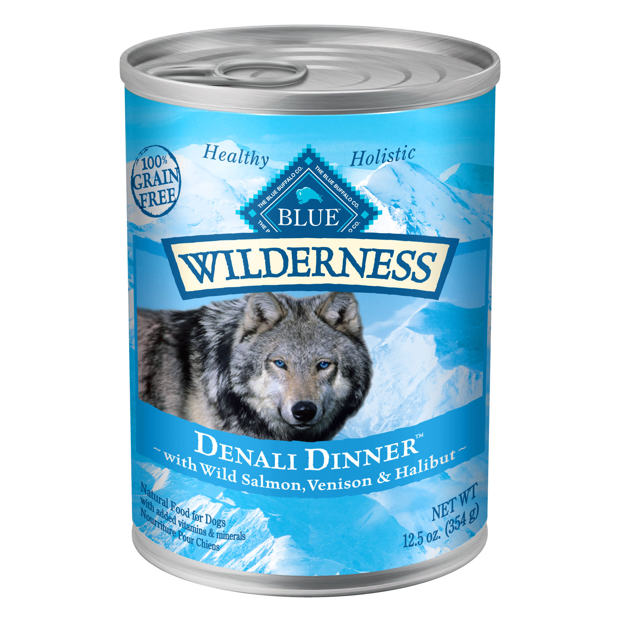 Blue Buffalo Blue Wilderness Denali Dinner with Wild Salmon Venison  Halibut Canned Dog Food， 12.5 oz.， Case of 12