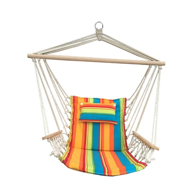 Hanging Hammock Chair With Wooden Arms Striped Blue yellow orange Backyard Expressions