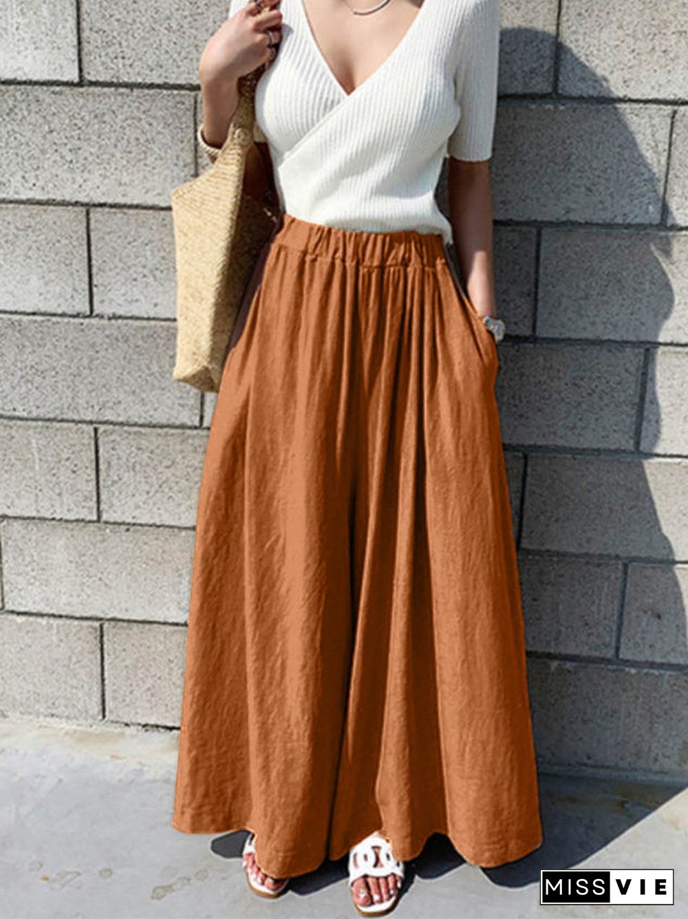 Women's High Waist Cotton Linen Casual Loose Wide Leg Pants