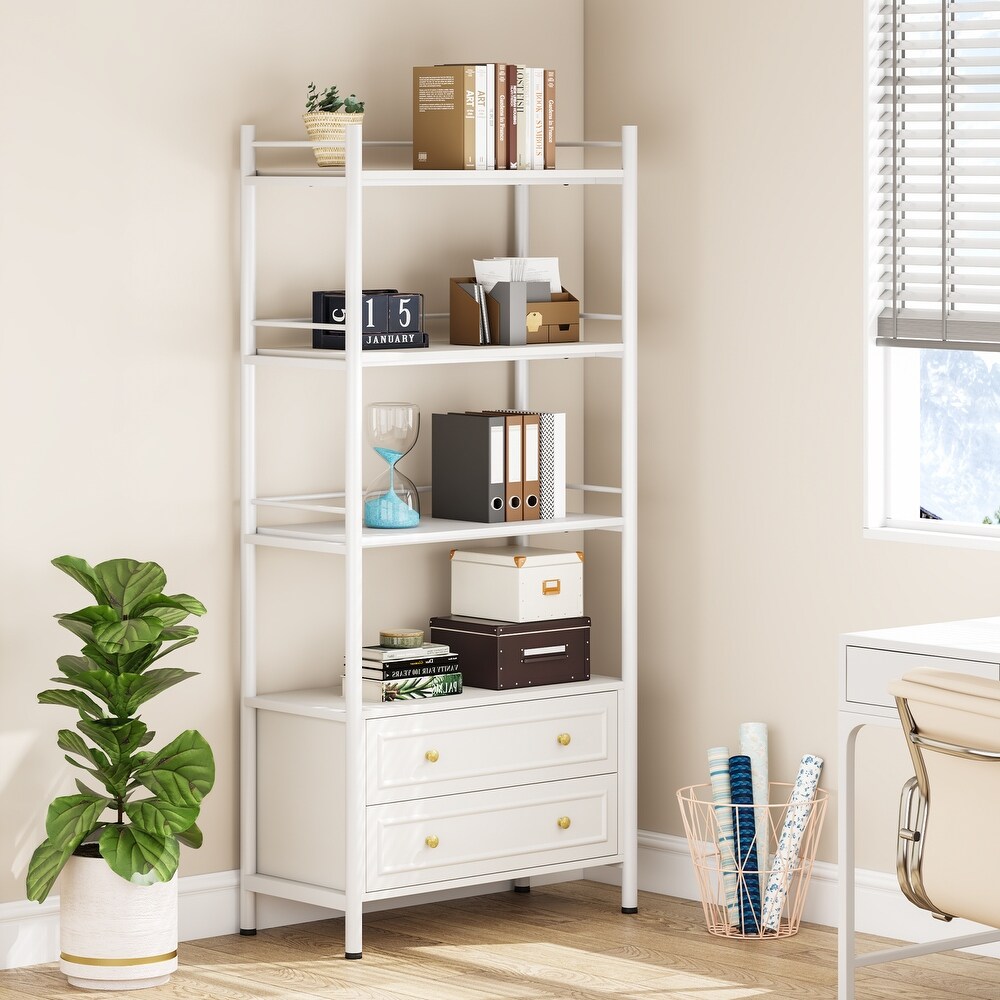 4 Tier White Bookshelf with 2 Drawers  Tall Bookcase with 4 Open Shelf for Small Place