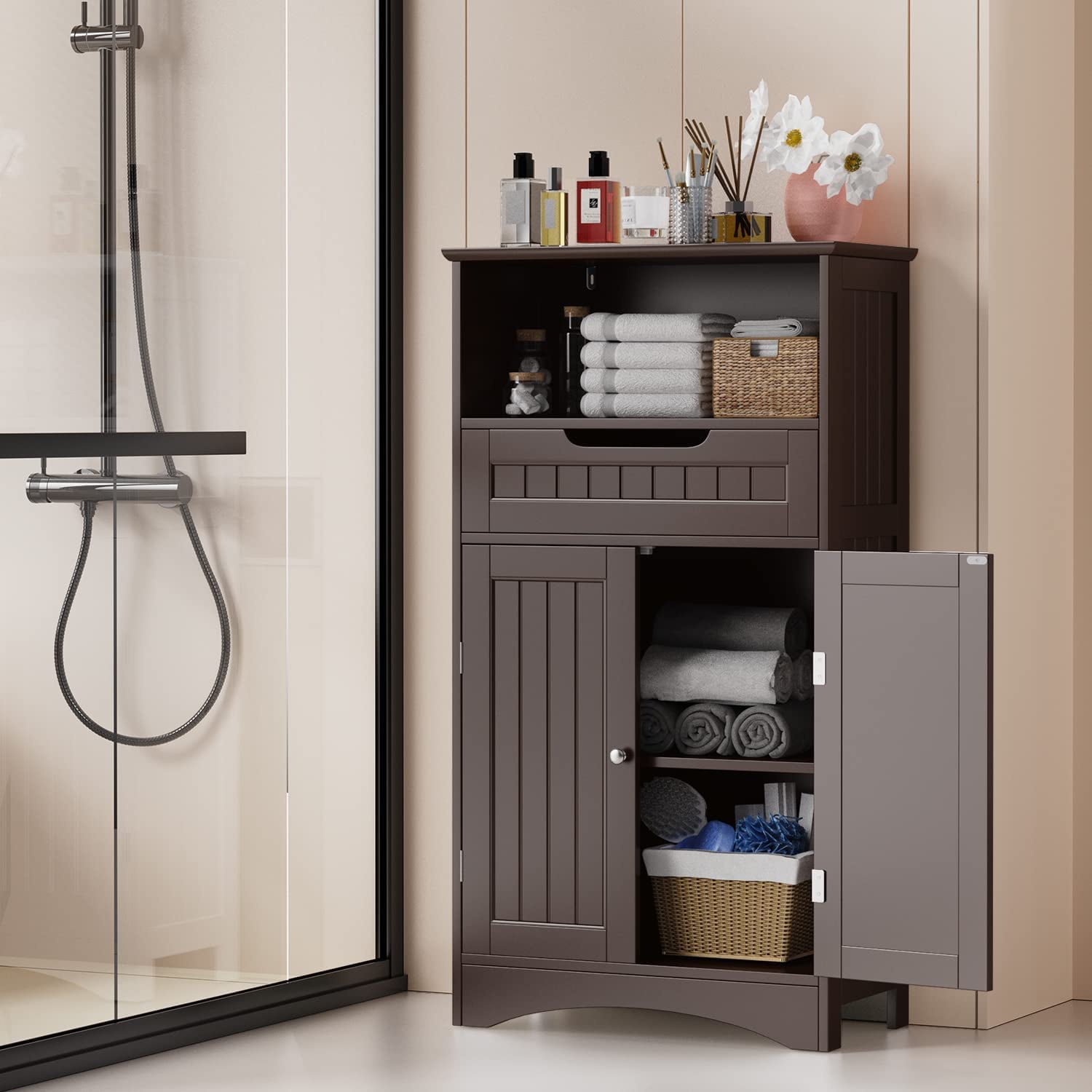 Aiho Bathroom Storage Cabinet with Drawer and Door, Dark Brown