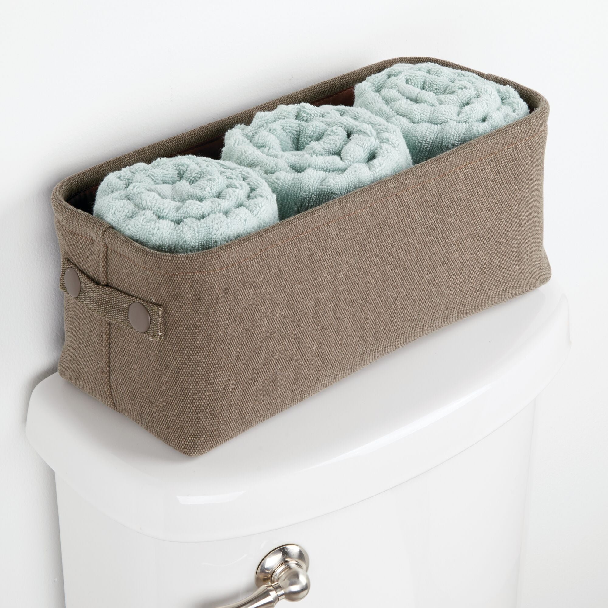 mDesign Soft Cotton Fabric Bathroom Storage with Attached Handles - Organizer for Towels, Toilet Paper Rolls - For Back of Toilet, Cabinets, and Vanities, 4 Pack - Espresso Brown