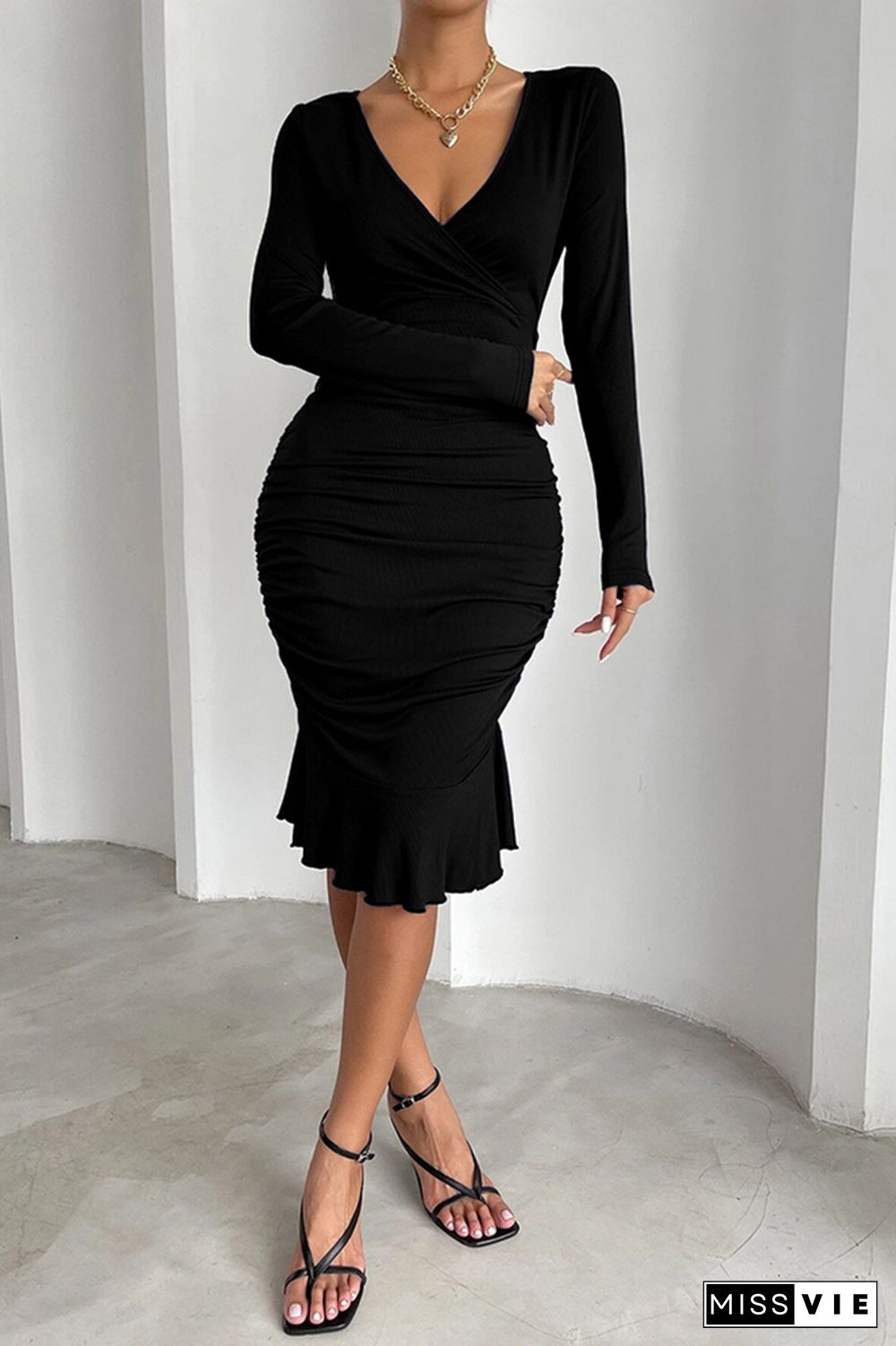 Black V Neck Fish Tail Bodycon Dress