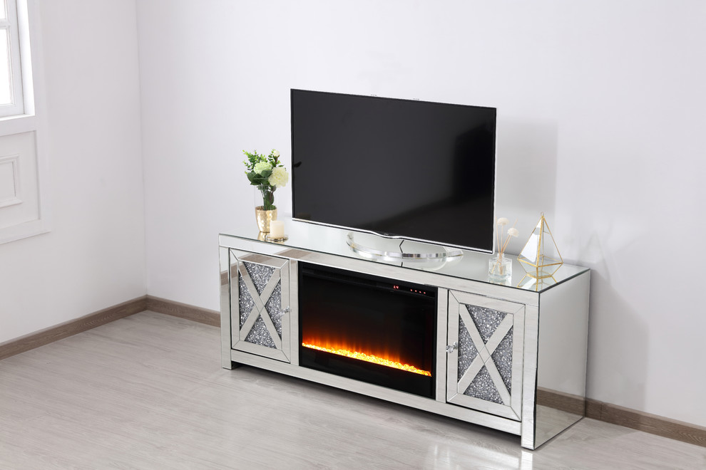 Crystal Mirrored TV Stand With Fireplace Insert   Contemporary   Entertainment Centers And Tv Stands   by Elegant Furniture  ampLighting  Houzz