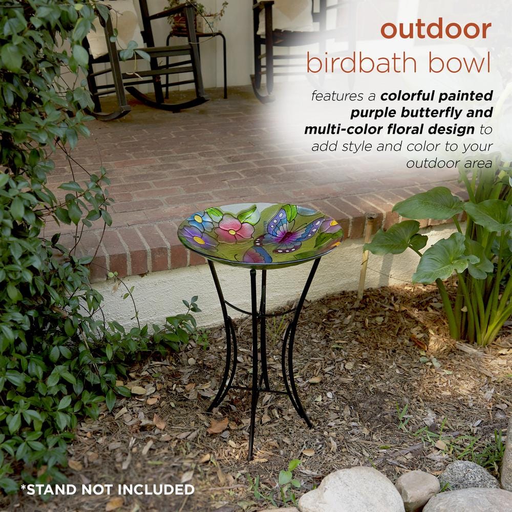 Alpine Corporation 18 in. Round Outdoor Birdbath Bowl Topper with Painted Purple Butterfly and Floral Design KPP612T-18