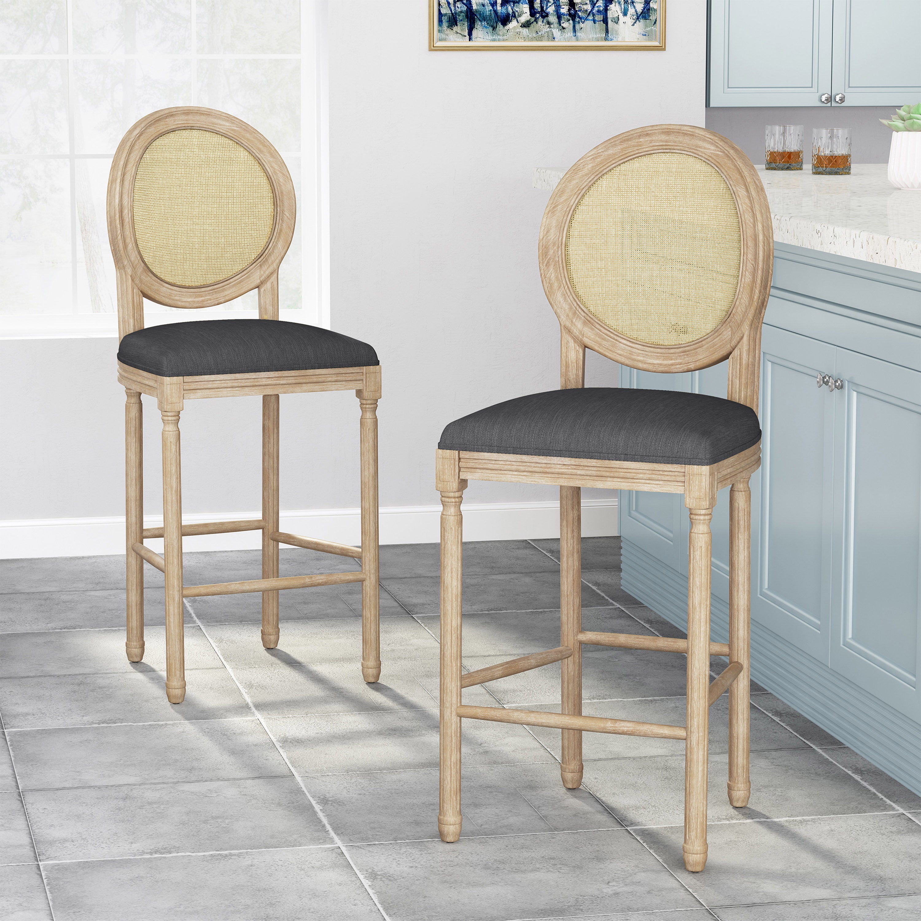 Salton French Country Wooden Barstools with Upholstered Seating (Set of 2)