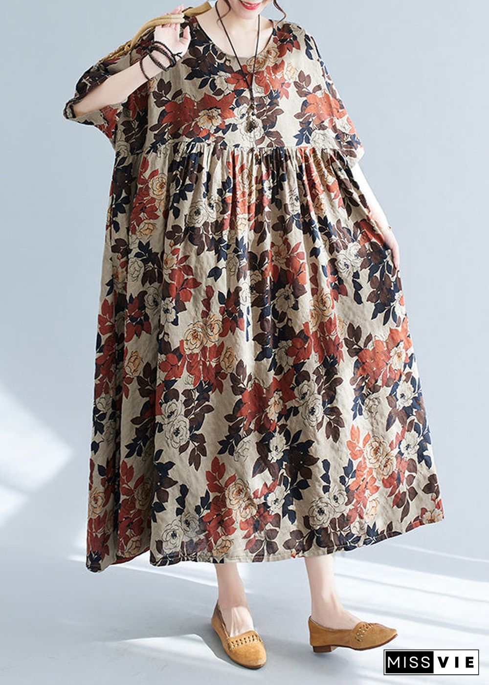 Elegant O-Neck Print Patchwork Long Dresses Short Sleeve