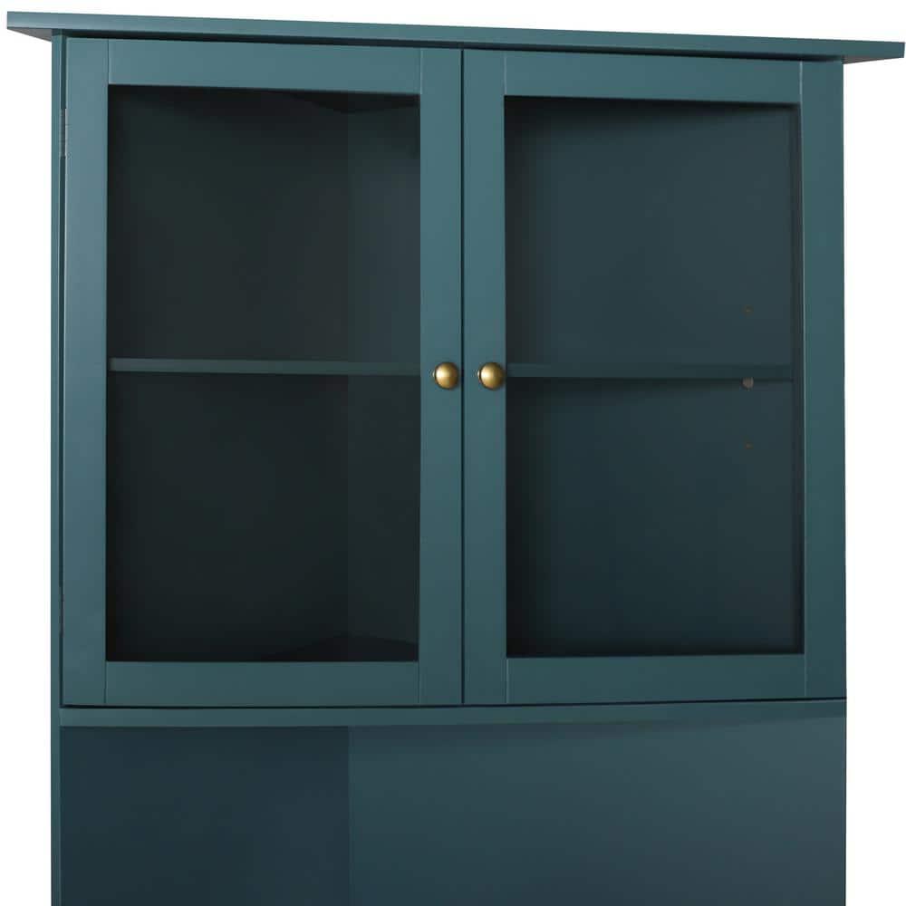 VEIKOUS 18 in W x 35 in D x 71 in H Blue Corner Linen Cabinet Storage with Adjustable Shelves and Glass Doors in Blue