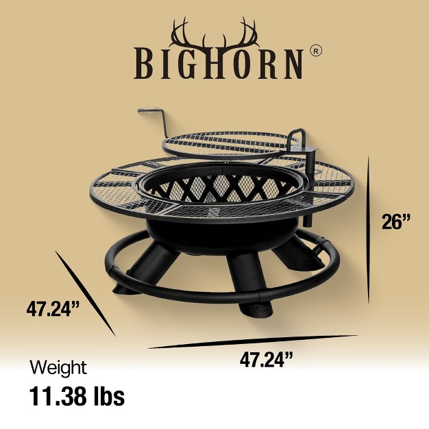 Steel Ranch Wood Burning Fire Pit Round Outdoor Fireplace With Adjustable Grill Top Safety Ring And Cooking Grate Black