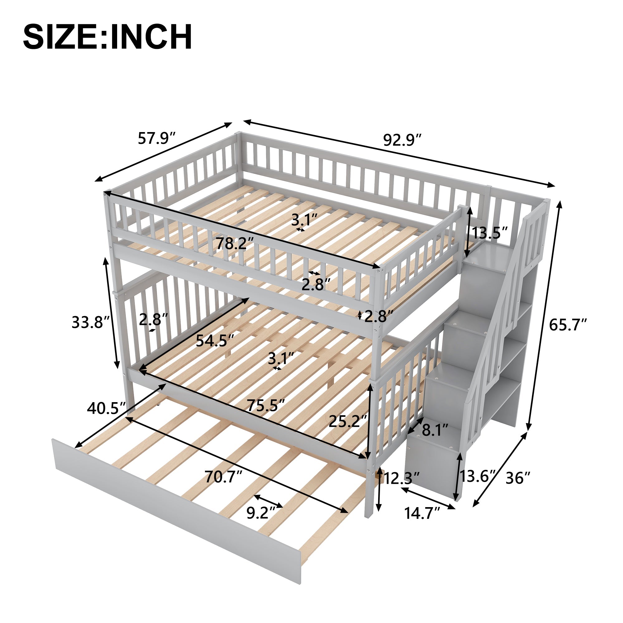 Euroco Full over Full Bunk Bed with Trundle and Storage Shelves for Kids, Gray