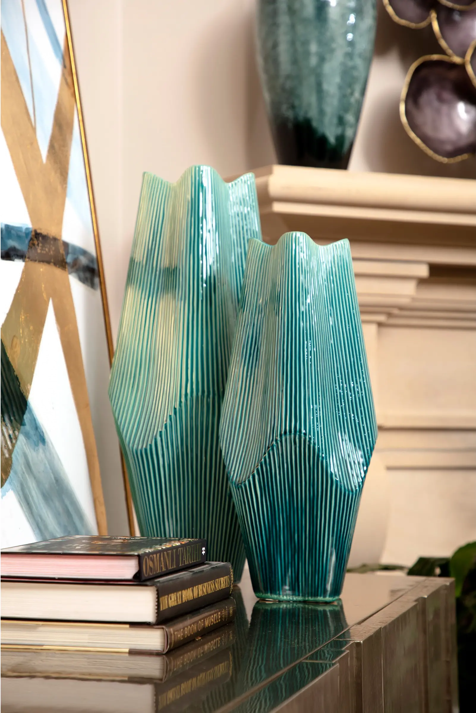 18 Inch Teal Ceramic Vase with Vertical Ribbed Detailing